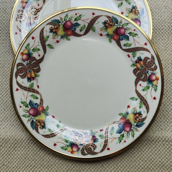 2 Lenox Holiday Tartan Dinner Plates Dimension Collection Gold Rim Christmas USA